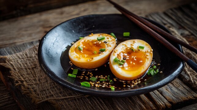 Ajitsuke tamago egg halves garnished with green onion and sesame