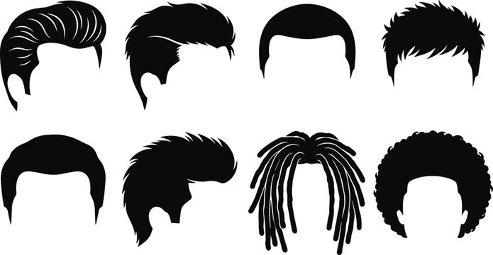Men's hairstyle silhouette vector icon set featuring afro, dreadlocks, and classic haircuts for barbershop design