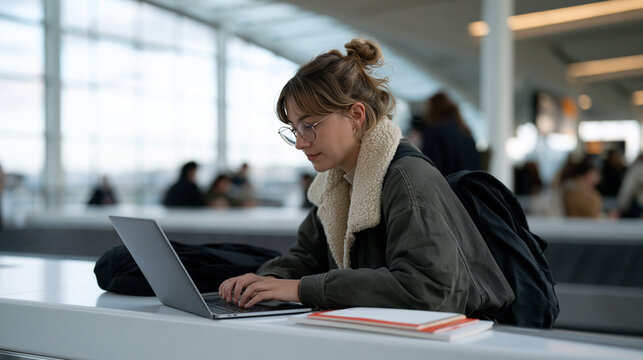 Senior coding class participant under overcast dramatic sky works on a laptop balanced on airport baggage carousel edge, process in action learning moment travel hub setting, grey