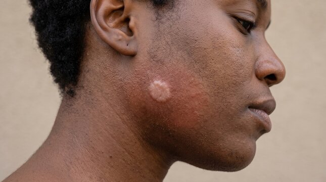 Profile view of black man face showing large allergic swollen bump on cheek