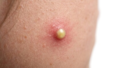 Fototapeta premium Macro close up of inflamed skin pus pimple on facial cheek