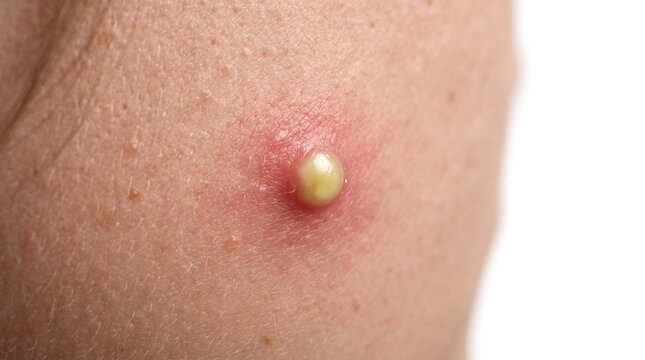 Macro close up of inflamed skin pus pimple on facial cheek