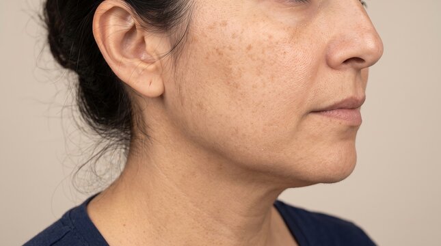 Profile view of mature woman cheek showing freckles melasma and age spots