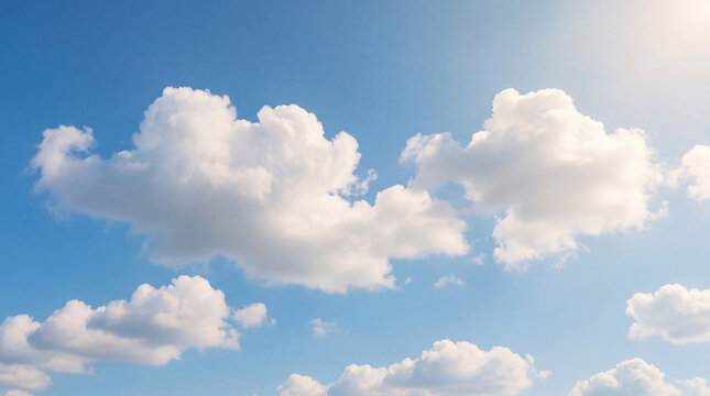 Brilliant blue sky featuring large, fluffy white cumulus clouds, illuminated by bright sunlight on a clear day.