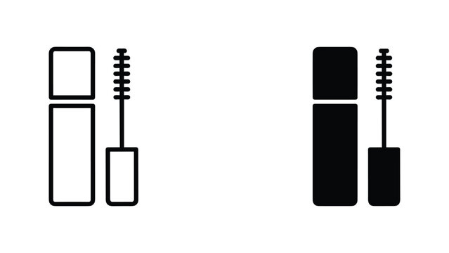 Mascara tube and wand applicator icon set in thin line and solid flat black vector graphic style