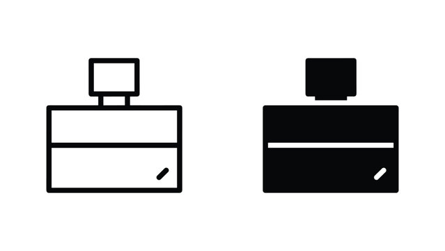 Modern computer monitor on desk workstation icon in outline and solid black vector design