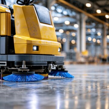 Industrial floor cleaning machine with blue rotating brushes operating in a spacious factory building with bright overhead lighting and polished concrete floors