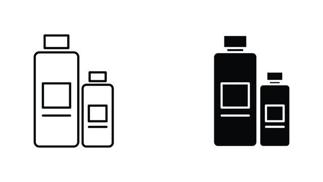 Cosmetic lotion bottle set with small and large containers in outline and solid black icon style