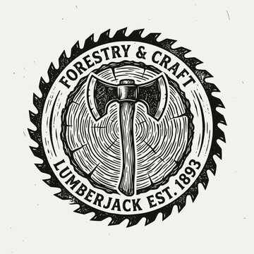 Forestry lumberjack logo with axe and saw blade.