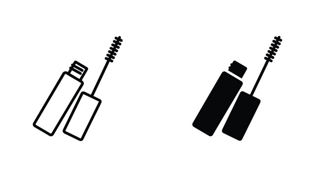 Mascara tube with open brush applicator icon set in outline and solid black vector graphic design