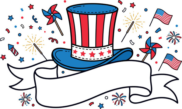 Patriotic 4th of July Uncle Sam top hat with ribbon banner fireworks and confetti vector illustration