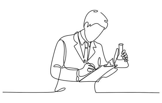 Continuous single line drawing of a scientist holding a flask and writing on a clipboard during a chemistry experiment in a laboratory setting