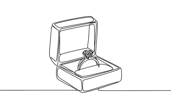 Continuous single line drawing of an engagement diamond ring inside an open jewelry gift box