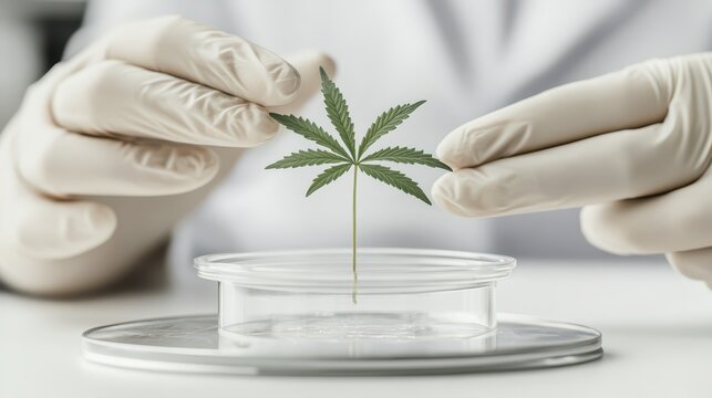 Gloves hold green leaf above laboratory dish for scientific research and analysis, representing plant science and medicinal development.