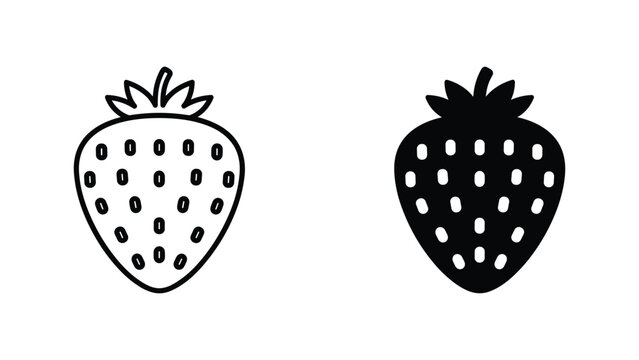 Fresh strawberry fruit icon with seeds in clean outline and solid black silhouette vector style