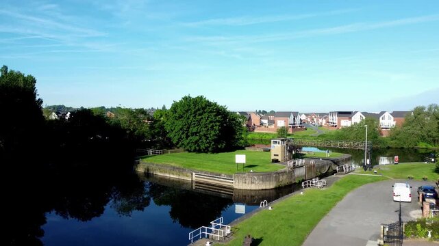 Drone Glide Over Serene Yorkshire Canal Locks on the Aire and Calder Navigation