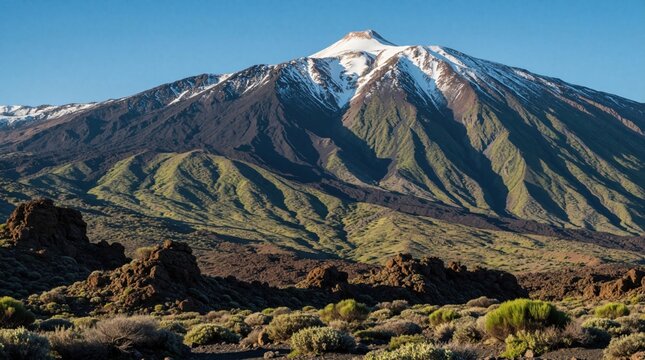 Snow capped mountain peak rises over arid terrain with green vegetation. Volcanic slopes show deep ravines and shadows under clear blue sky.