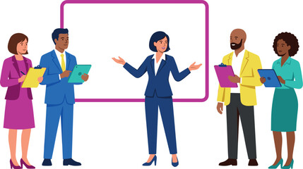 Fototapeta premium Diverse corporate business team giving presentation in front of blank board in office vector illustration