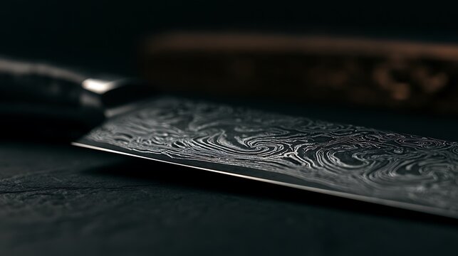Damascus steel chef knife blade with intricate pattern on dark surface.