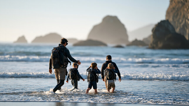 Diving instructor and family group wading into misty early morning coastal waters, the instructor gesturing calmly toward a submerged reef zone as young children and a parent