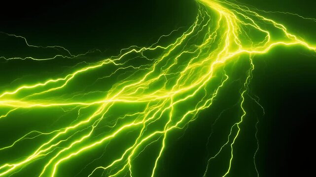 Fiery green-yellow plasma pulses in slow-twisting trails, glowing thunder lines, and rolling energy waves against a deep dark background &mdash; perfect for sci-fi, gaming, and broadcast motion overlays.