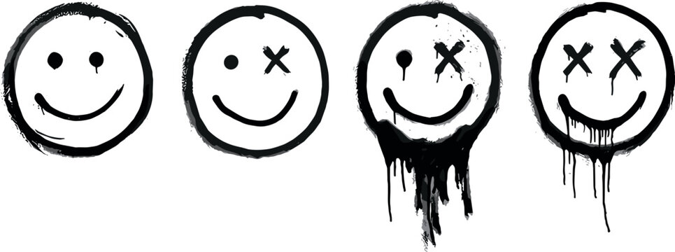 Graffiti style smiley faces vector set featuring dripping black spray paint stencil emoticon symbols with grunge texture splatters