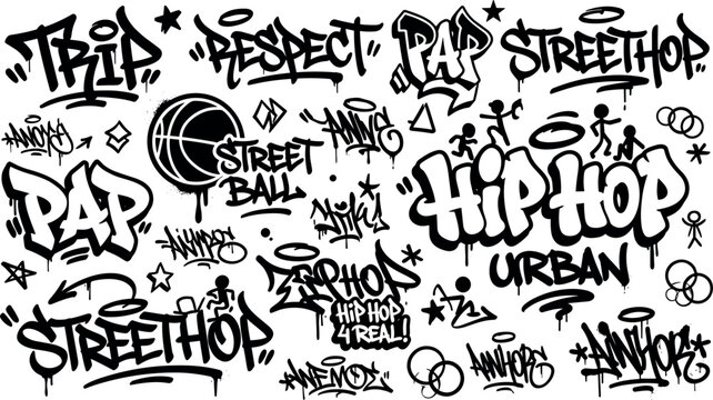 Urban graffiti text elements vector set featuring hand drawn typography tag stickers hip hop words and streetball basketball icons