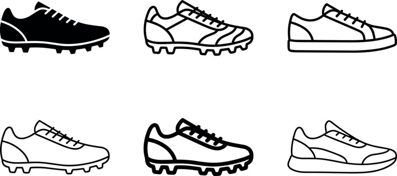 Athletic footwear vector icons set featuring soccer cleats football boots running shoes and casual sneakers line art silhouettes