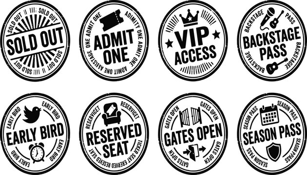 Event Ticket Status Stamps Featuring Sold Out Admit One VIP Access Backstage Pass and Reserved Seat