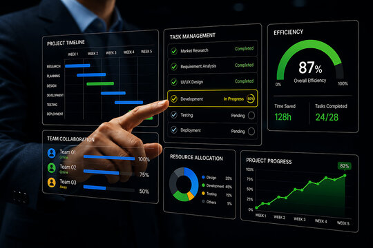 Business executive interacting with a digital project management dashboard interface showing task timelines, resource allocation, and progress charts