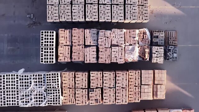 Drone video of neatly arranged architectural pavers and cinder blocks stacked in an open air loading area. Crisp overhead daylight shot highlighting vivid block colors and geometric patterns.