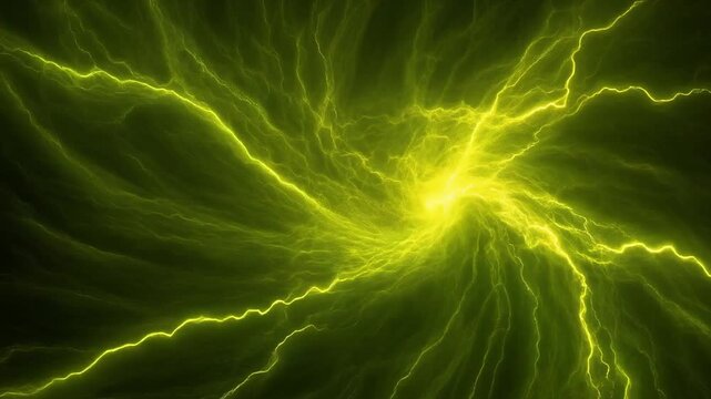 Fiery green-yellow plasma pulses in slow-twisting trails, glowing thunder lines, and rolling energy waves against a deep dark background &mdash; perfect for sci-fi, gaming, and broadcast motion overlays.