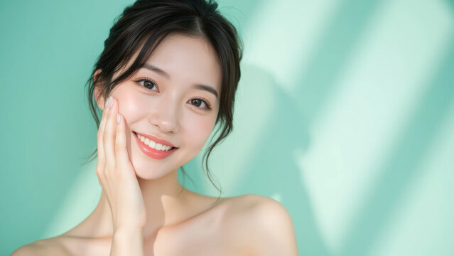 Asian woman beauty skin smile portrait face hand mint background close up with soft light natural makeup calm skincare mood