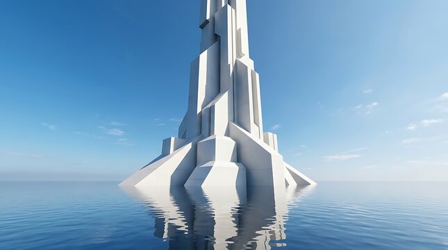 A futuristic white skyscraper rising from the calm blue ocean under a bright clear sunny sky background
