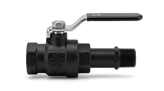 A black plastic ball valve with a metal handle isolated on a white background for industrial plumbing
