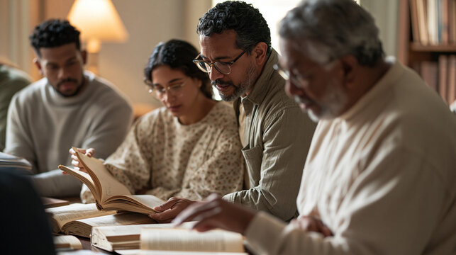 Multicultural group of library science students and a senior archivist in a modest shared home study, spread of rare physical volumes with visible quality binding details,