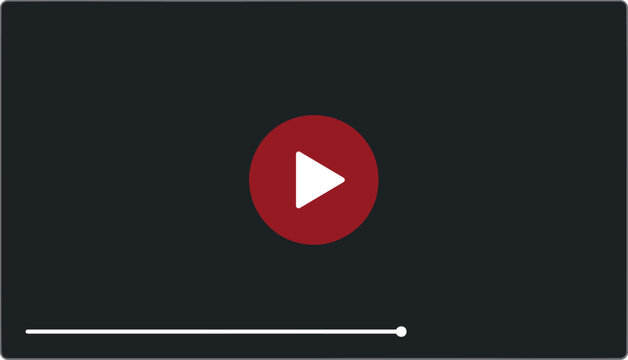 Video player screen interface vector icon featuring black dark mode display panel with red round play button and loading progress bar