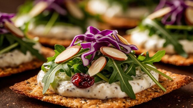 Gourmet crunchy flatbread appetizers with cashew cream, fresh arugula on platter. Topped with sliced almonds, purple cabbage, cranberry. Healthy vegetarian snacks for party festive dining. Elegant