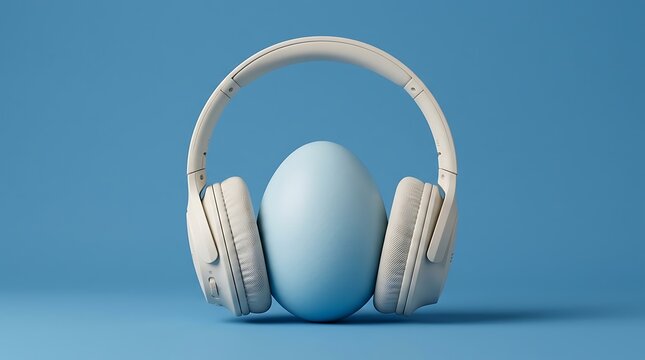 A single blue egg wearing modern white wireless headphones isolated against a matching light blue studio background