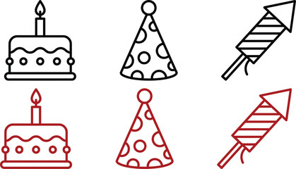 Fototapeta premium Birthday celebration line vector icons set isolated