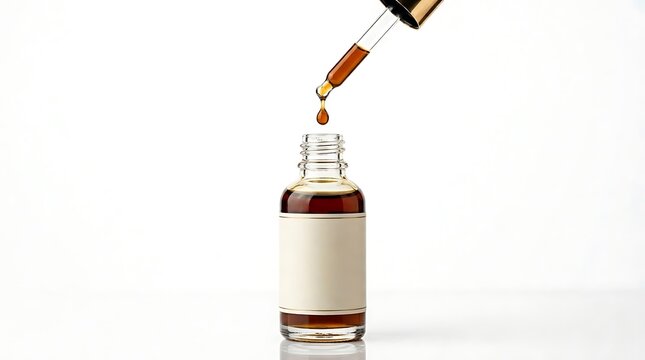A glass dropper bottle with a blank label being filled with organic serum against a white background