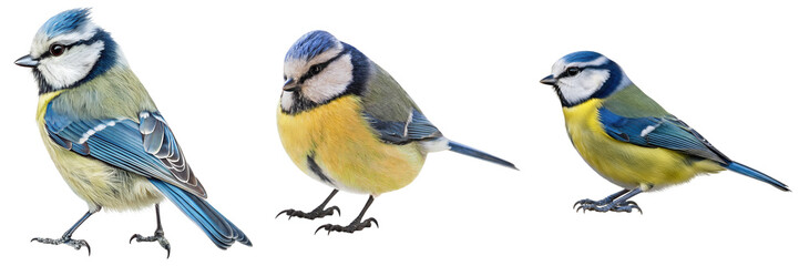 Three charming European blue tit birds, Cyanistes caeruleus, in different natural poses. © DinhBien