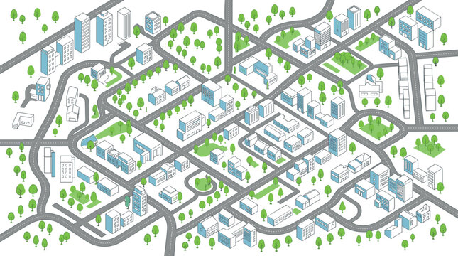 Isometric city map vector blueprint illustration featuring urban district street navigation grid architecture buildings blocks and green park trees