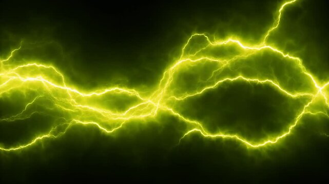 Fiery green-yellow plasma pulses in slow-twisting trails, glowing thunder lines, and rolling energy waves against a deep dark background &mdash; perfect for sci-fi, gaming, and broadcast motion overlays.