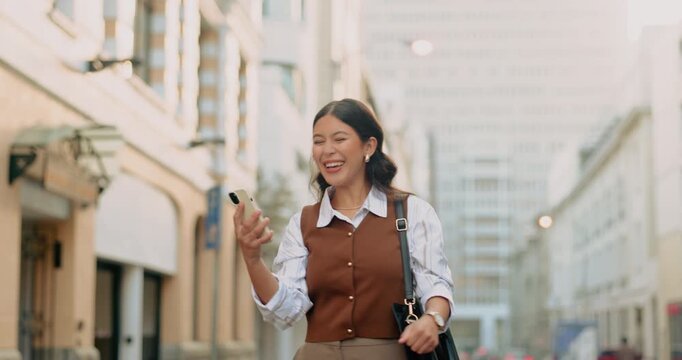 Business, woman or excited with phone in city for interview feedback, promotion email or good news. Spin, happy person and fist pump with mobile outdoor for job offer, career breakthrough and pride
