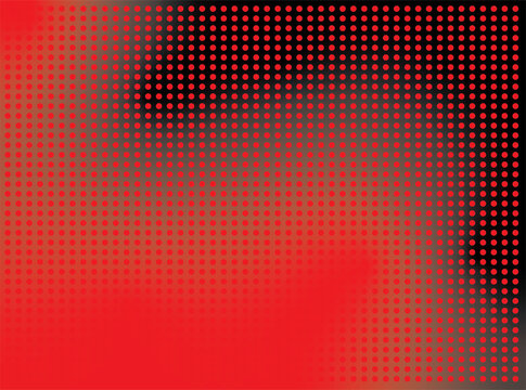 Abstract red halftone dot pattern with a smooth gradient and changing dot intensity against a dark background. Repeating circular elements create a bold geometric composition.