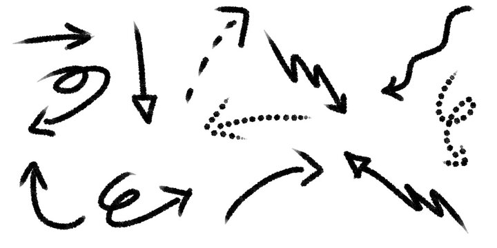 ​Collection of hand-drawn black arrow doodles in rough brush stroke style for wireframing, mind mapping, and infographic design