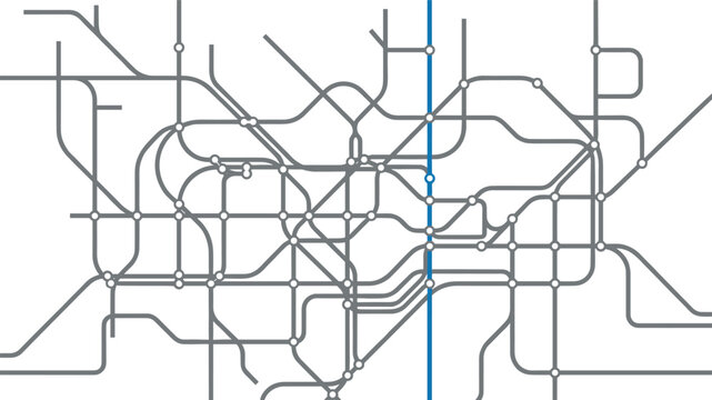 Abstract subway transit map vector background with interconnected grey lines stations and single highlighted blue route pathway design