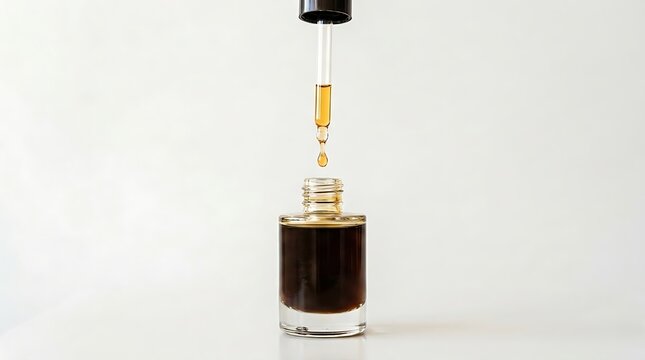 A glass dropper filled with dark liquid being pulled out of a small glass bottle on white background