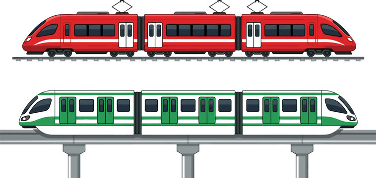 Modern high speed red subway train on tracks and green monorail metro transit on elevated railway pillars vector set